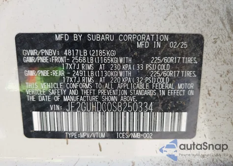 2025 Subaru Crosstrek Premium z USA, uszkodzony, nr VIN JF2GUHDC0S8250334